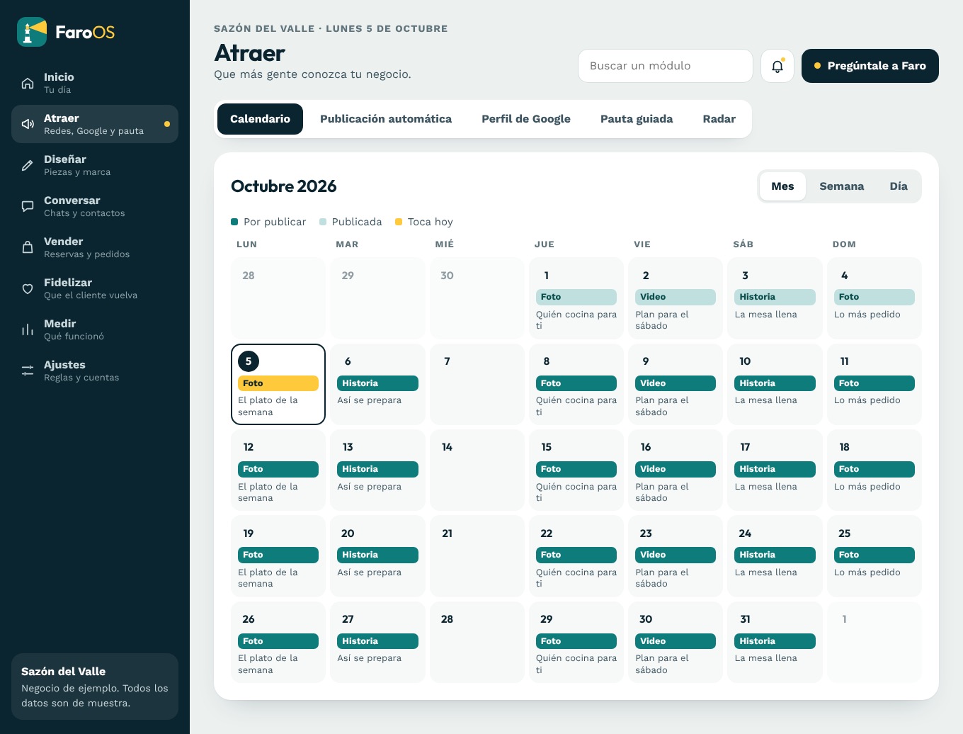 Calendario de contenido de FaroOS por mes